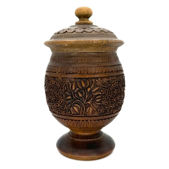 Vintage Carved Wood Humidor Trinket Box Jar with Lid Floral Botanical Cannister - Picture 1 of 12